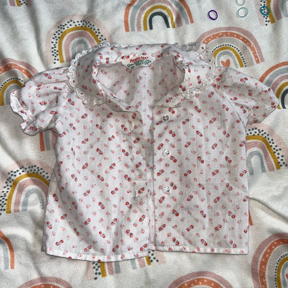 Healthtex Button Down Shirt in White and Pink with Soft Patterns